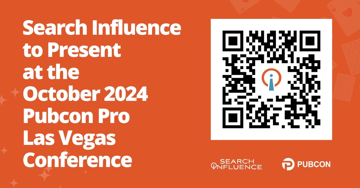  A promotional graphic to announce Search Influence speaking at the October 2024 Pubcon Pro Las Vegas Conference, featuring a QR code as the main image. The background is orange, adorned with transparent illustrations of stars and playing cards, with both the Search Influence and Pubcon logos included.